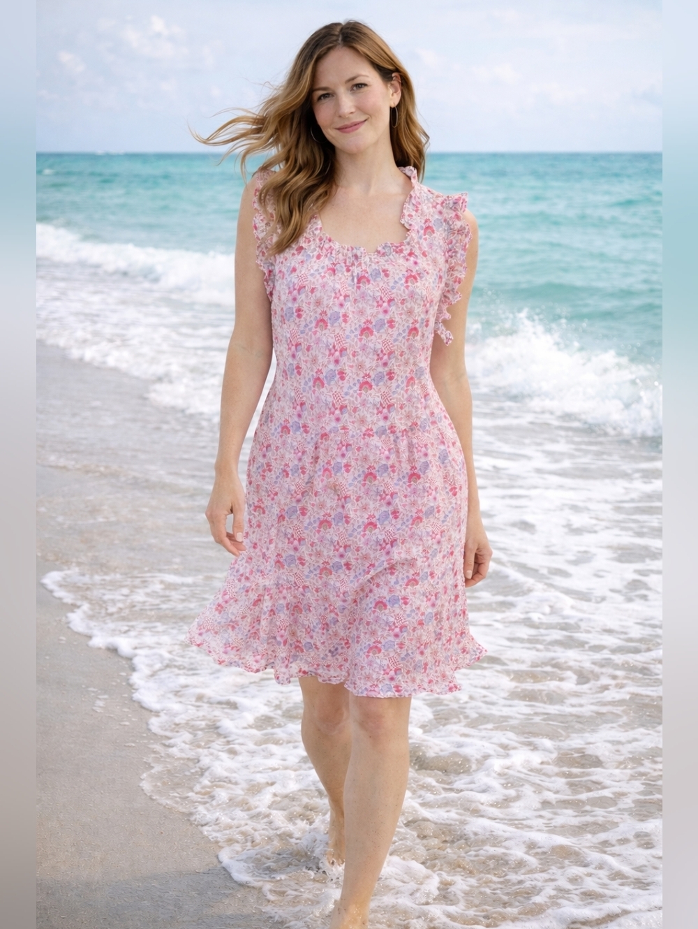 La Plage Molly Dress in Sorbet Pink Floral Tiered Ruffle Mini M